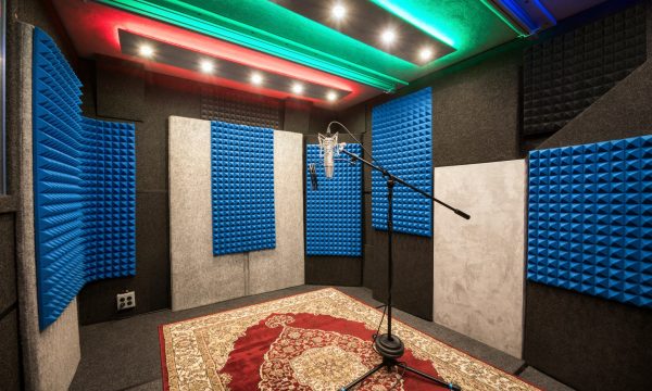 Wide photo of our extra large sound-isolated vocal booth with Acoustic treatment and the coveted Neumann U87 microphone.